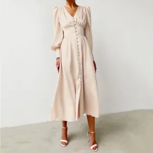 Women Elegant Casual Long Sleeve Single-Breasted Long Sleeve Midi Dress