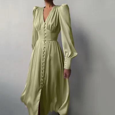 Women Elegant Casual Long Sleeve Single-Breasted Long Sleeve Midi Dress
