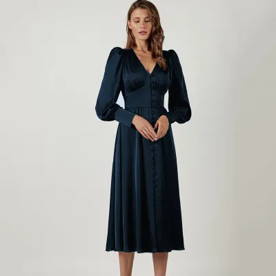 Women Elegant Casual Long Sleeve Single-Breasted Long Sleeve Midi Dress
