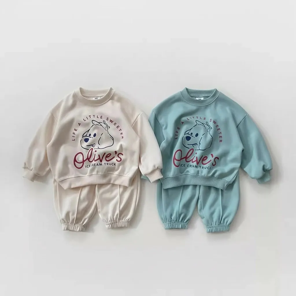 Kids Boys And Girls Fashion Casual Spring Cartoon Letter Printed Long-Sleeve Sweatshirt Pants Two-Piece Set