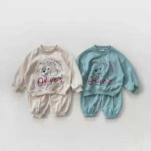 Kids Boys And Girls Fashion Casual Spring Cartoon Letter Printed Long-Sleeve Sweatshirt Pants Two-Piece Set