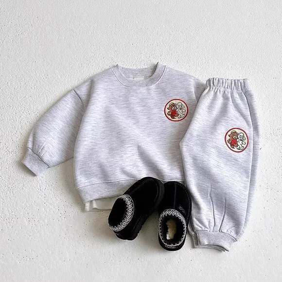 Kids Boys And Girls Fashion Casual Autumn And Winter Cartoon Printed Velvet Long-Sleeve Sweatshirt Pants Two-Piece Set