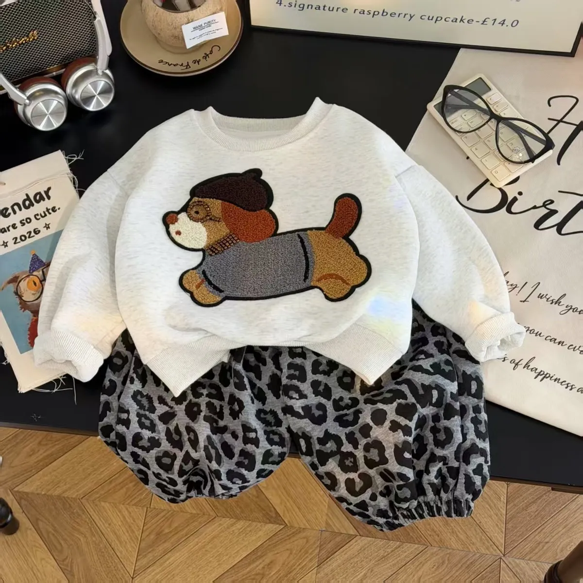 Kids Boys And Girls Fashion Casual Autumn Cloth Embroidered Long-Sleeve Sweatshirt Leopard Plaid Pants Two-Piece Set