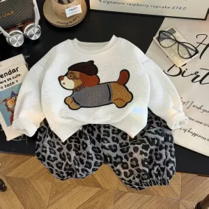 Kids Boys And Girls Fashion Casual Autumn Cloth Embroidered Long-Sleeve Sweatshirt Leopard Plaid Pants Two-Piece Set