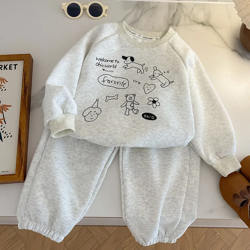 Autumn And Winter Children'S Cartoon Print Sweatshirt And Sweatpants Two-Piece Set
