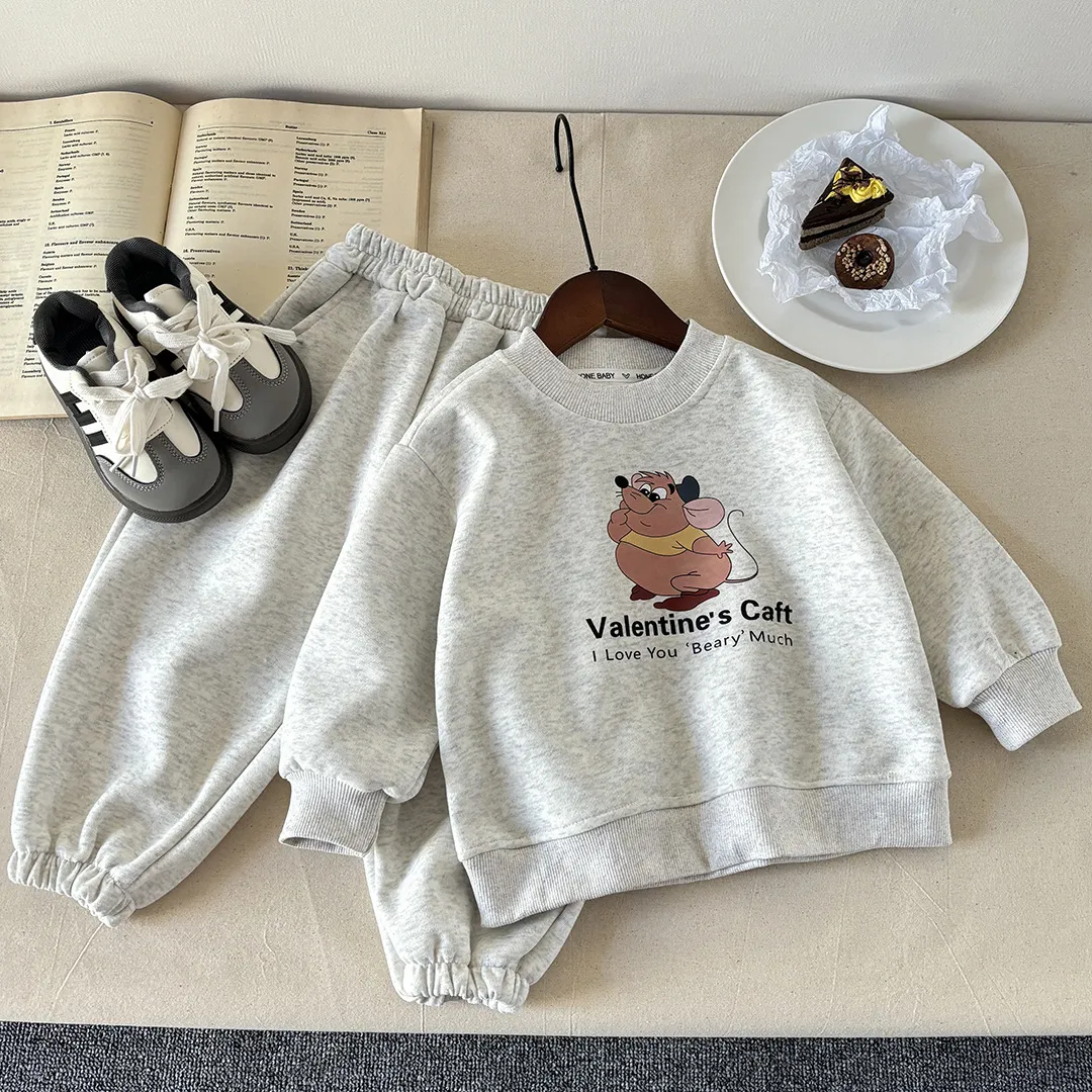 Kids Boys And Girls Fashion Casual Spring Cartoon Printed Cotton Long-Sleeve Sweatshirt Pants Two-Piece Set