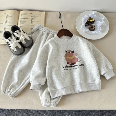 Kids Boys And Girls Fashion Casual Spring Cartoon Printed Cotton Long-Sleeve Sweatshirt Pants Two-Piece Set