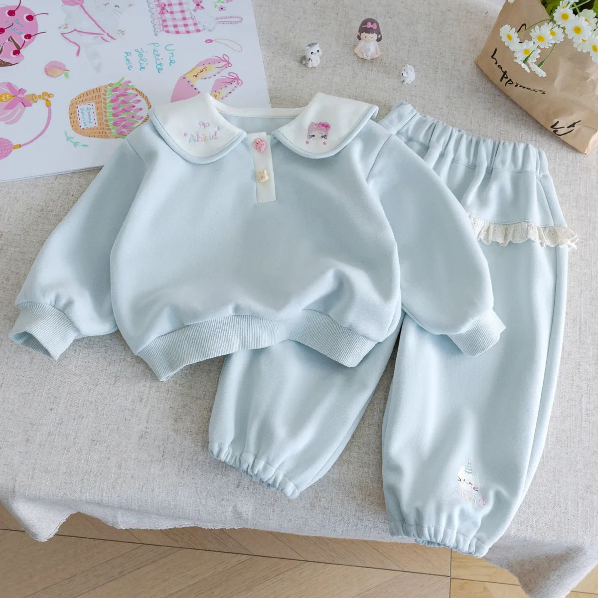 Kids Girls' Fashion Casual Spring And Autumn Lapel Long-Sleeve Sweatshirt Pants Two-Piece Set