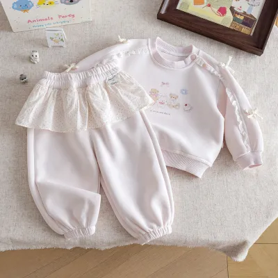 Kids Girls' Fashion Autumn Bow Decoration Printed Long-Sleeve Sweatshirt Pants Two-Piece Set