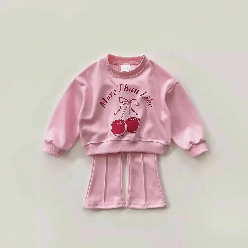 Kids Girls Fashion Casual Spring Bow Cherry Letter Printed Long-Sleeve Hoodies Pants Two-Piece Set