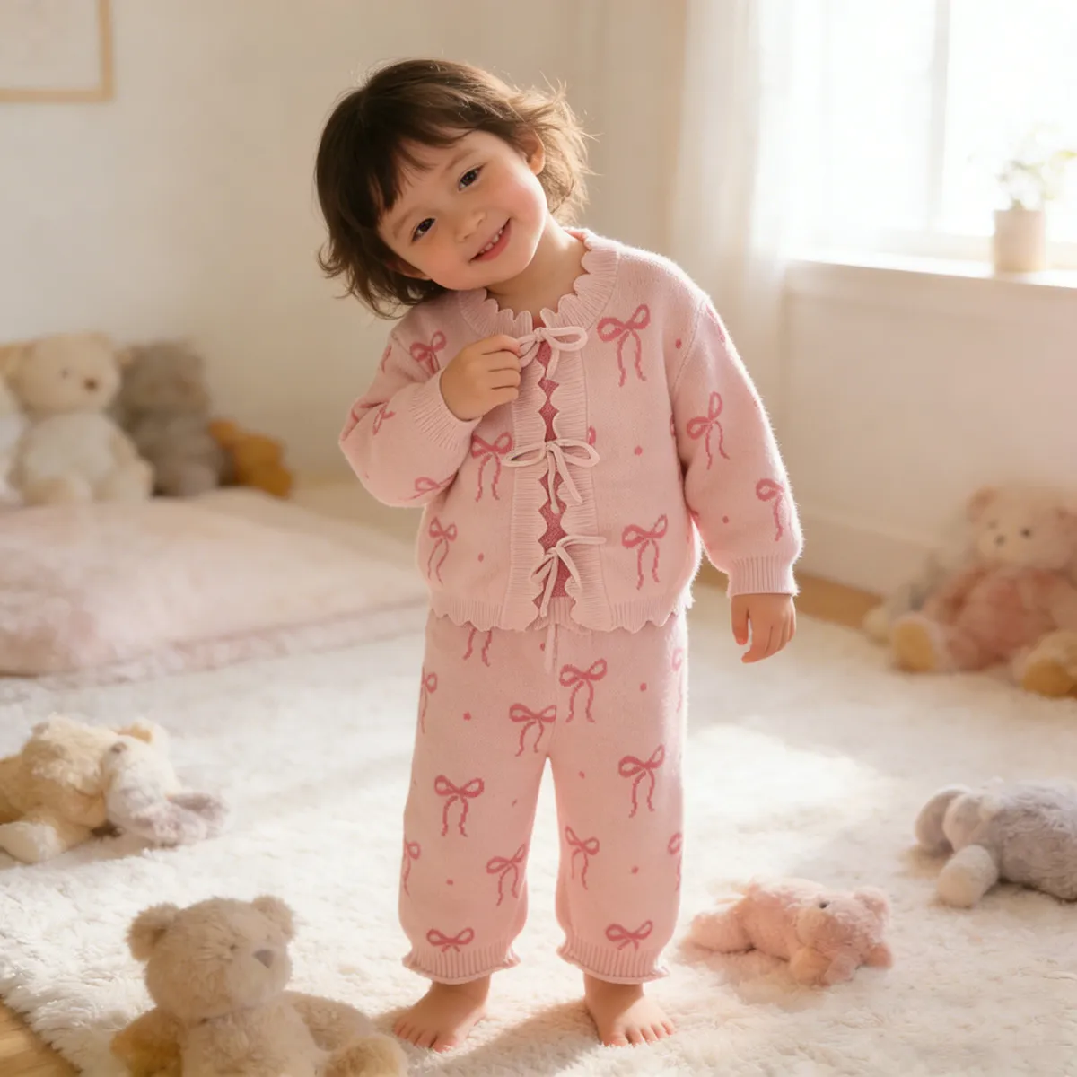 Kids Baby Girls Fashion Autumn And Winter Bow Jacquard Knitted Long-Sleeve Lace-Up Cardigan Pants Two-Piece Set