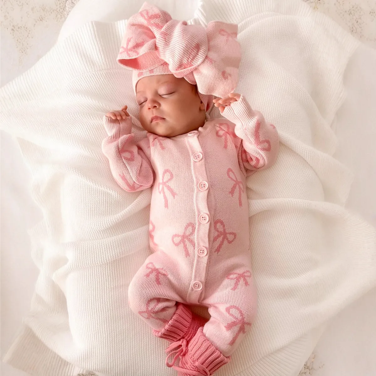 Kids Baby Girls Fashion Autumn And Winter Knitted Bow Long-Sleeve Jumpsuits Hairband Two-Piece Set