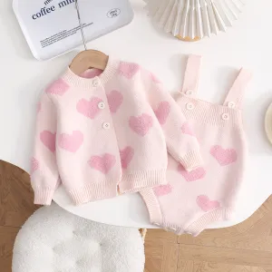 Kids Baby Girls Fashion Autumn Love Knitted Long-Sleeve Cardigan Roppers Two-Piece Set