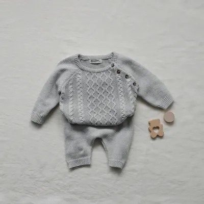 Kids Baby Boys And Girls Fashion Autumn And Winter Solid Color Knitted Long-Sleeve Sweater Pants Two-Piece Set