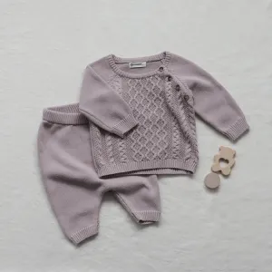 Kids Baby Boys And Girls Fashion Autumn And Winter Solid Color Knitted Long-Sleeve Sweater Pants Two-Piece Set