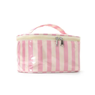 Fashion Contrast Stripe Large Capacity Portable Waterproof Pvc Travel Storage Cosmetic Bag