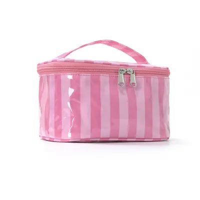 Fashion Contrast Stripe Large Capacity Portable Waterproof Pvc Travel Storage Cosmetic Bag