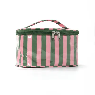 Fashion Contrast Stripe Large Capacity Portable Waterproof Pvc Travel Storage Cosmetic Bag