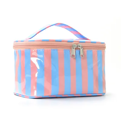 Fashion Contrast Stripe Large Capacity Portable Waterproof Pvc Travel Storage Cosmetic Bag