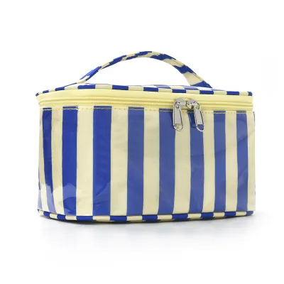 Fashion Contrast Stripe Large Capacity Portable Waterproof Pvc Travel Storage Cosmetic Bag