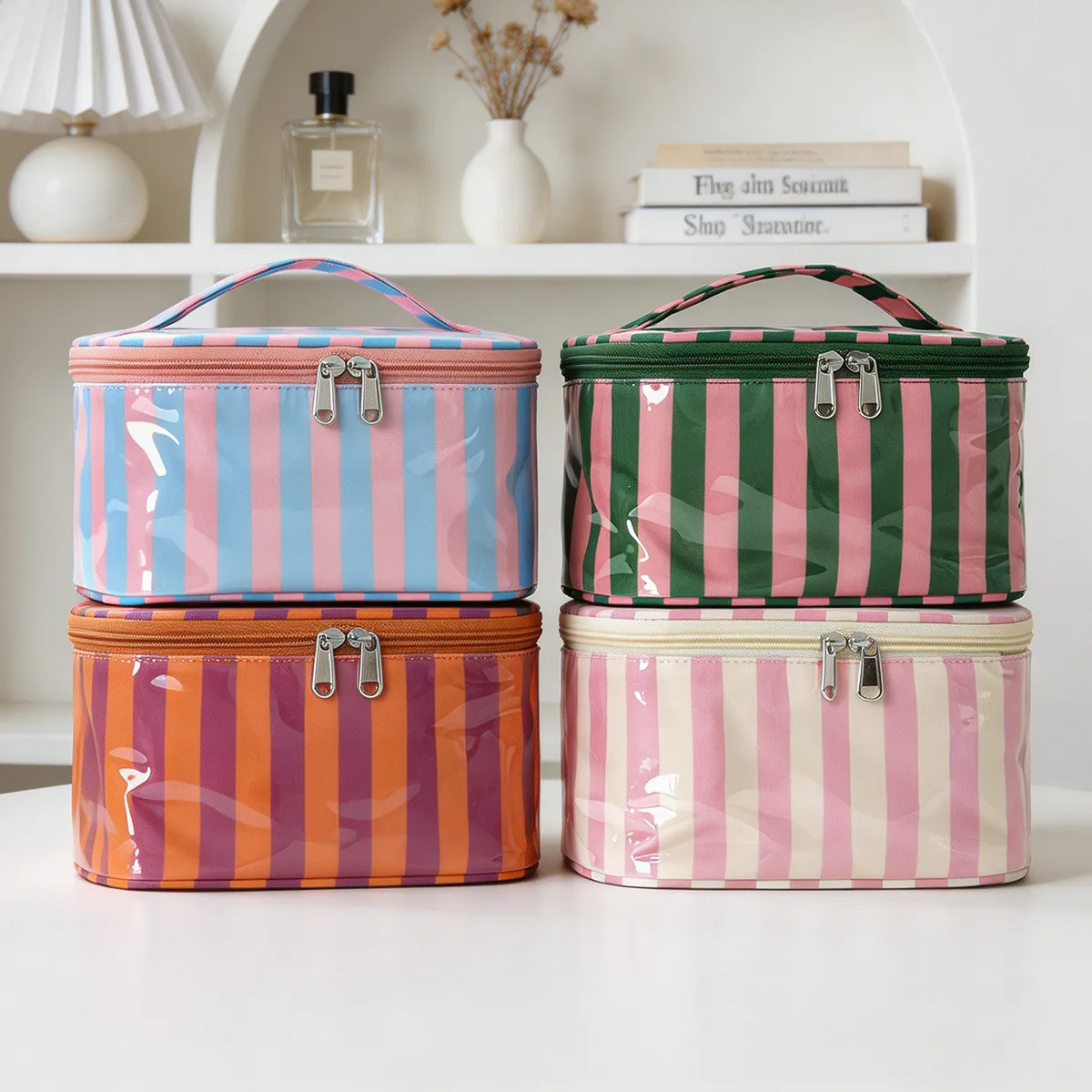 Fashion Contrast Stripe Large Capacity Portable Waterproof Pvc Travel Storage Cosmetic Bag