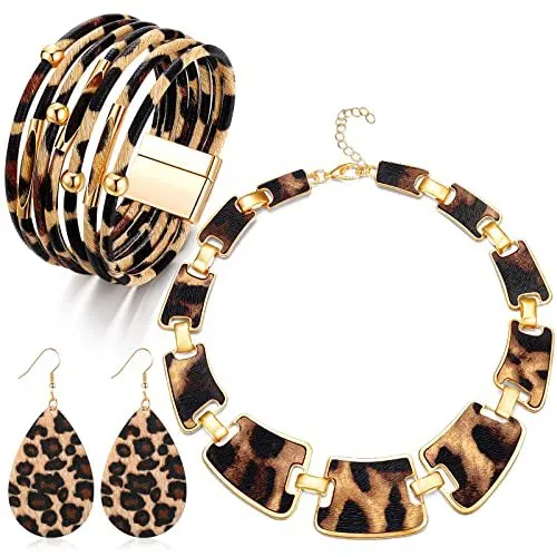 Women Fashion Retro Leopard Exaggerated Magnetic Alloy Bracelet Earrings Necklace Three-Piece Set