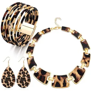 Women Fashion Retro Leopard Exaggerated Magnetic Alloy Bracelet Earrings Necklace Three-Piece Set