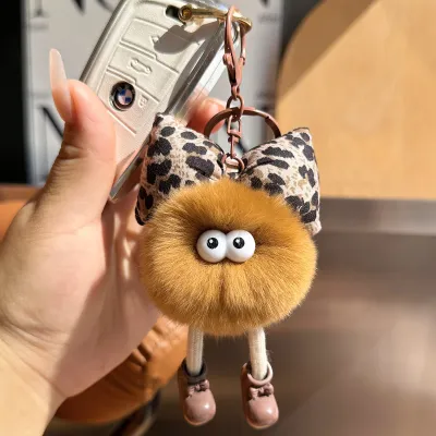 Women Fashion Cute Leopard Bow Imitation Rex Rabbit Coal Plush Ball Car Keychain Pendant