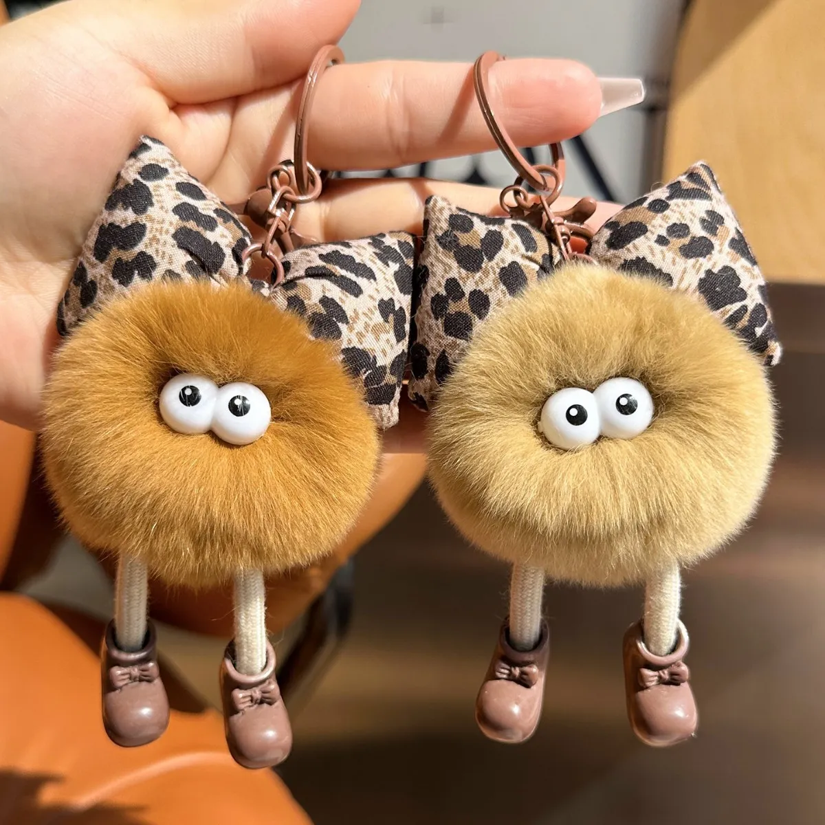 Women Fashion Cute Leopard Bow Imitation Rex Rabbit Coal Plush Ball Car Keychain Pendant