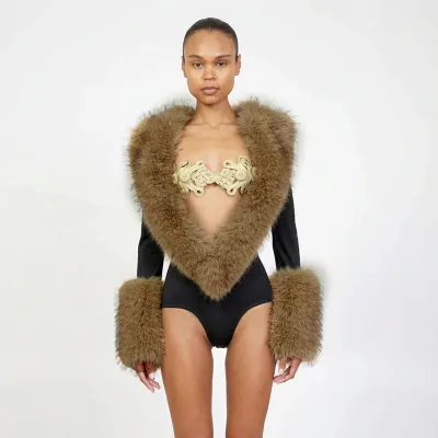 Autumn And Winter Women Fashion Imitation Fur Stitching Long Sleeve Bodysuits