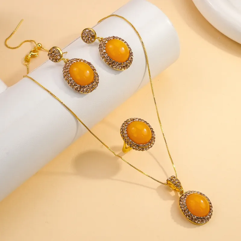 Women Fashion Retro Beeswax Jade Inlaid Zircon Earrings Necklace Ring Three-Piece Set