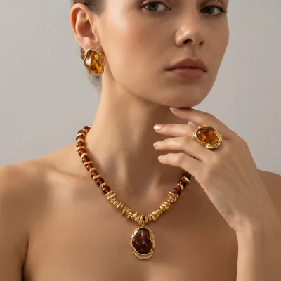 Women Fashion Retro Metal Irregular Imitation Pearl Beaded Necklace Earrings Ring Jewelry 3 Piece Set