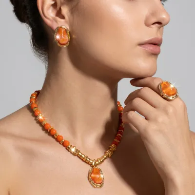 Women Fashion Retro Metal Irregular Imitation Pearl Beaded Necklace Earrings Ring Jewelry 3 Piece Set