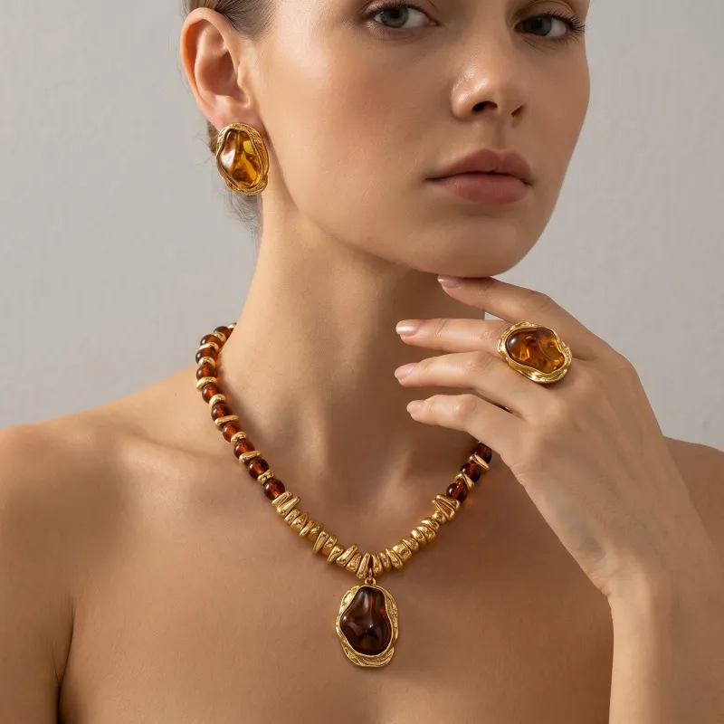 Women Fashion Retro Metal Irregular Imitation Pearl Beaded Necklace Earrings Ring Jewelry 3 Piece Set