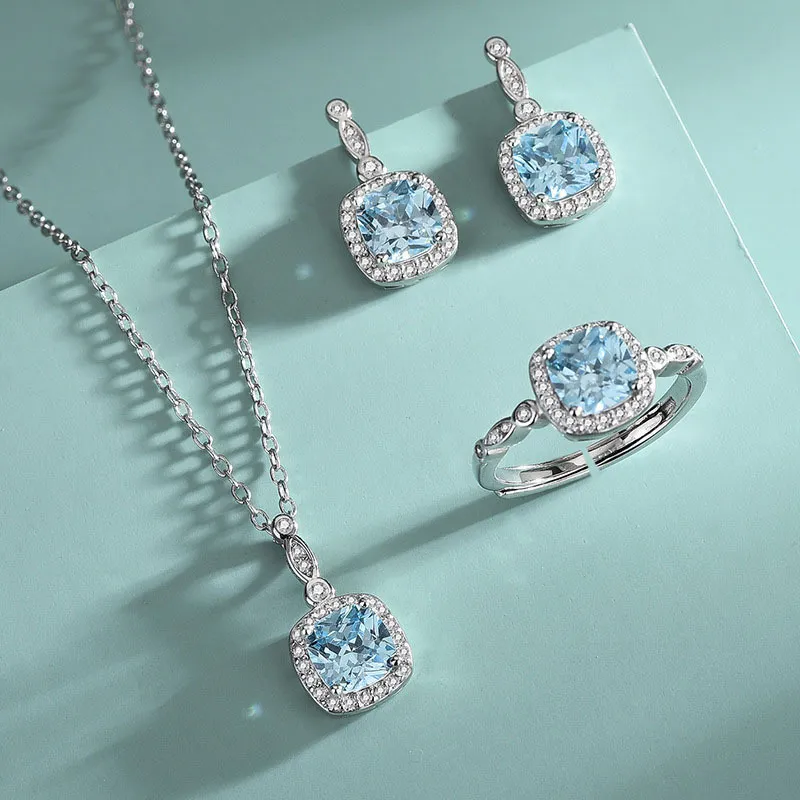 Women Fashion Titanium Steel Chain Blue Square Zircon Pendant Necklace Earring Ring Jewelry Three-Piece Set