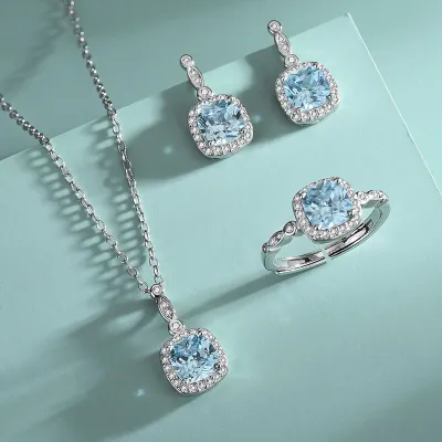 Women Fashion Titanium Steel Chain Blue Square Zircon Pendant Necklace Earring Ring Jewelry Three-Piece Set