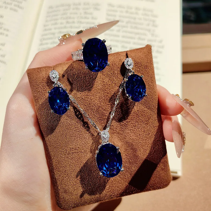 Women Fashion Zircon Opening Ring Earrings Necklace Three-Piece Set
