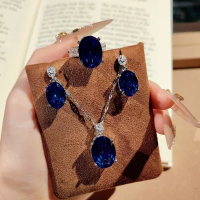 Women Fashion Zircon Opening Ring Earrings Necklace Three-Piece Set