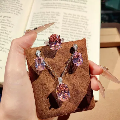 Women Fashion Zircon Opening Ring Earrings Necklace Three-Piece Set