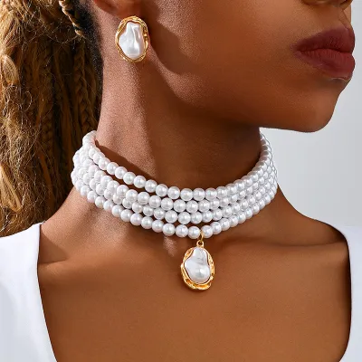 Women Fashion Elegant Metal Shaped Imitation Pearls Multilayer Stacked Necklace Earrings Jewelry Two-Piece Set
