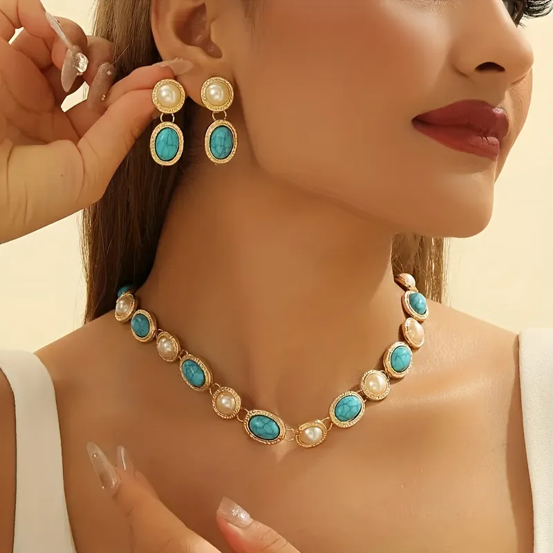 Women Fashion Retro Turquoise Imitation Pearl Necklace Earrings Two-Piece Set