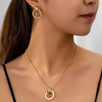 Women Fashion Light Luxury Gold Geometric Ring Necklace Earrings Two-Piece Set