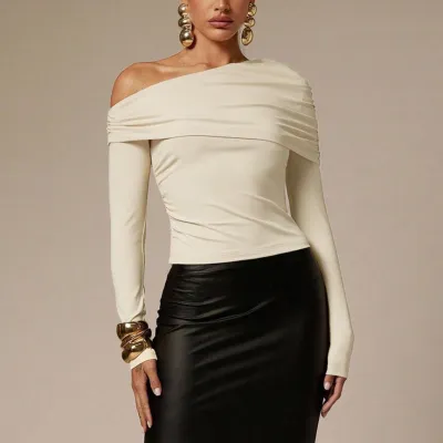 Women Fashion Solid Color Asymmetrical One-Shoulder Pleated Long-Sleeve Slim-Fit T-Shirt