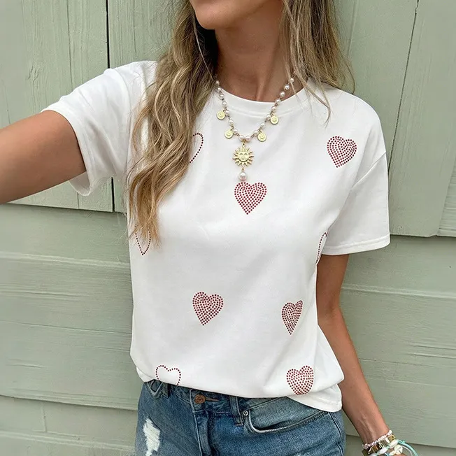 Women Fashion Casual Summer Rhinestone Love Short-Sleeve Loose T-Shirt