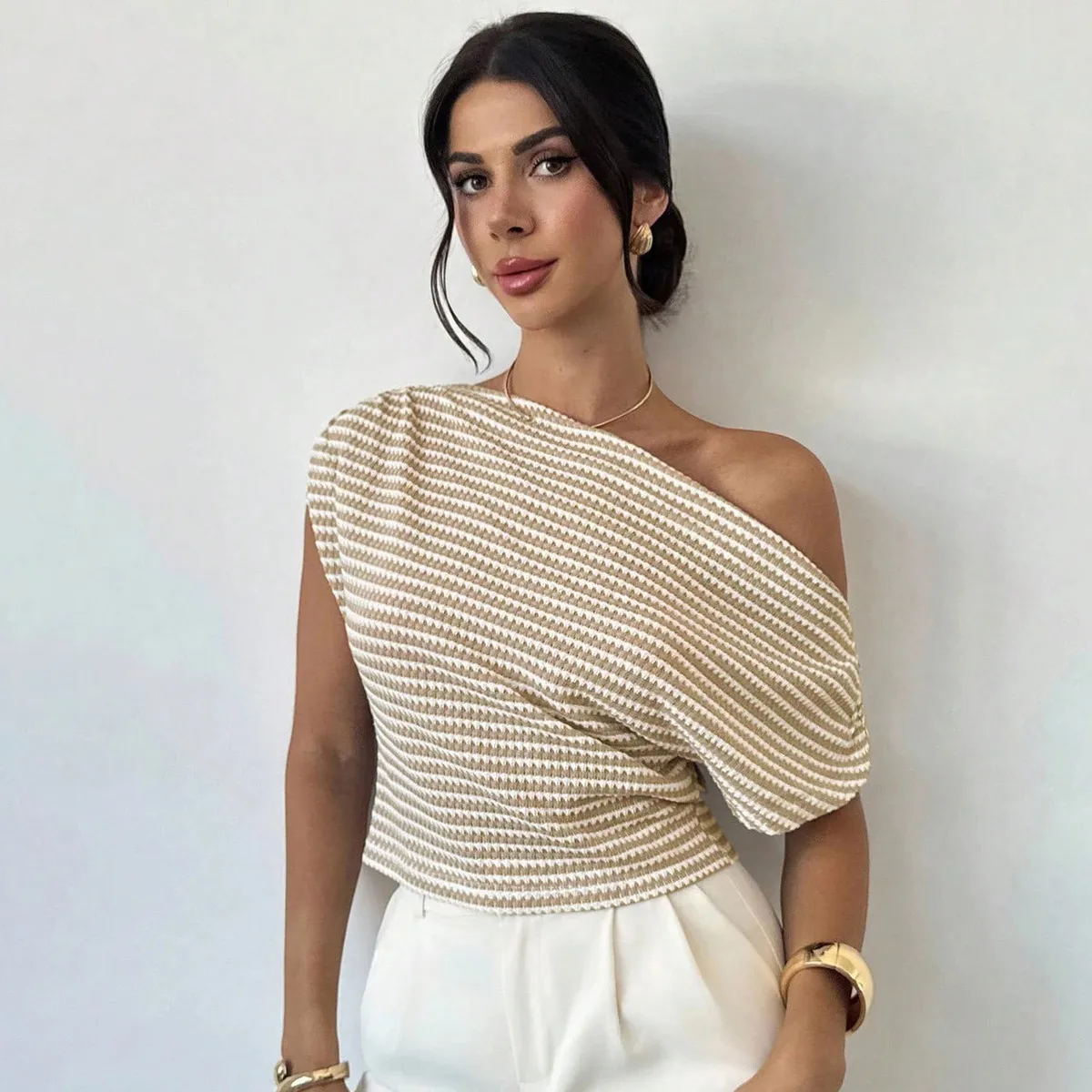 Women Fashion Casual Summer Stripe Slanted Shoulders Short-Sleeve T-Shirt