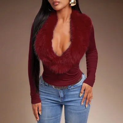 Autumn And Winter Women Fashion Imitation Fur Long Sleeve Top