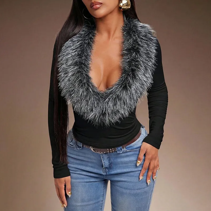 Autumn And Winter Women Fashion Imitation Fur Long Sleeve Top