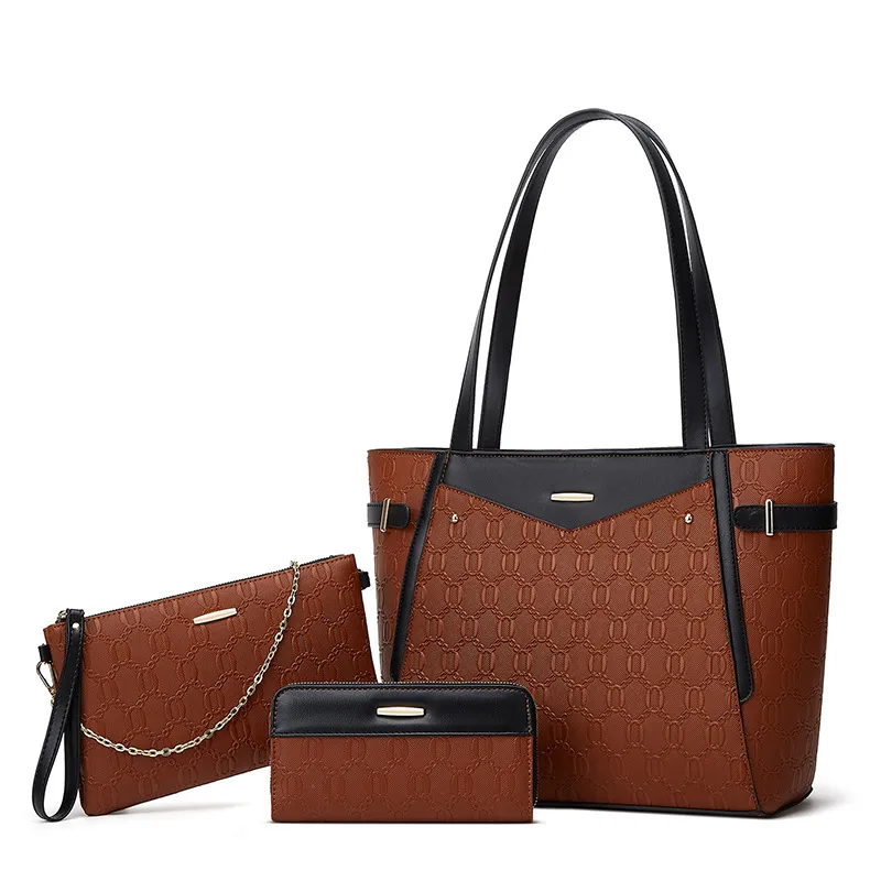 Women Fashion Casual Retro Simple Color Block Tote Bag Three-Piece Bag Set