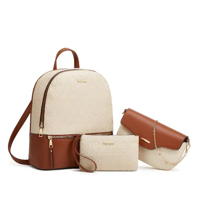 Women Fashion Casual Solid Color Letter Embossed Large-Capacity Backpack Three-Piece Bag Set