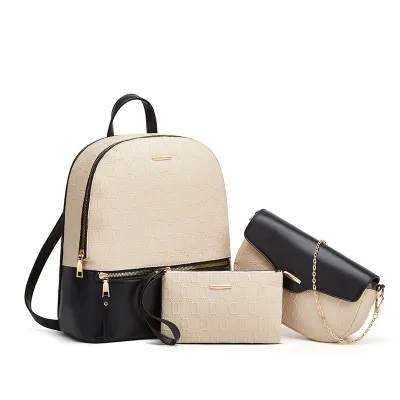 Women Fashion Casual Solid Color Letter Embossed Large-Capacity Backpack Three-Piece Bag Set